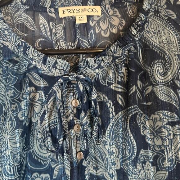 Frye & Co Blue Floral Ruffle Long Sleeve Dressy Button Down Blouse Women Sz XXL - Picture 7 of 10